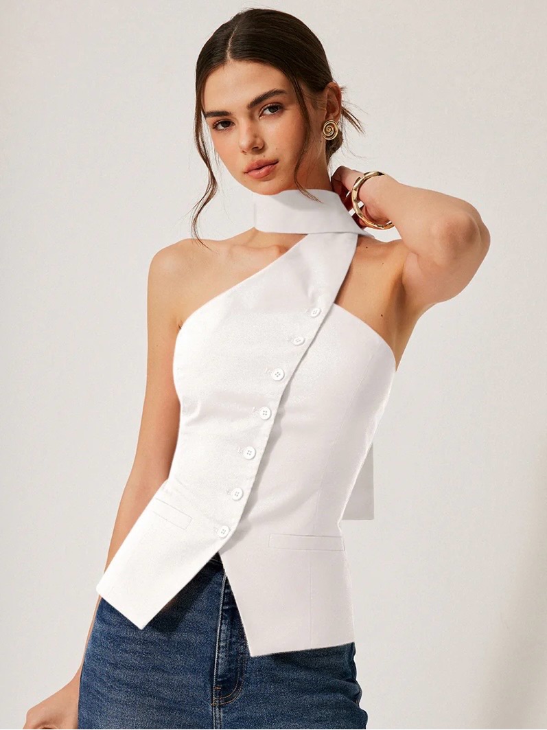Commense White One-Shoulder Button-Front Top With Wrap Neck